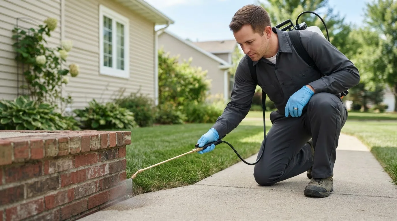 Pest control technician treating a home near Mccallsburg, IA