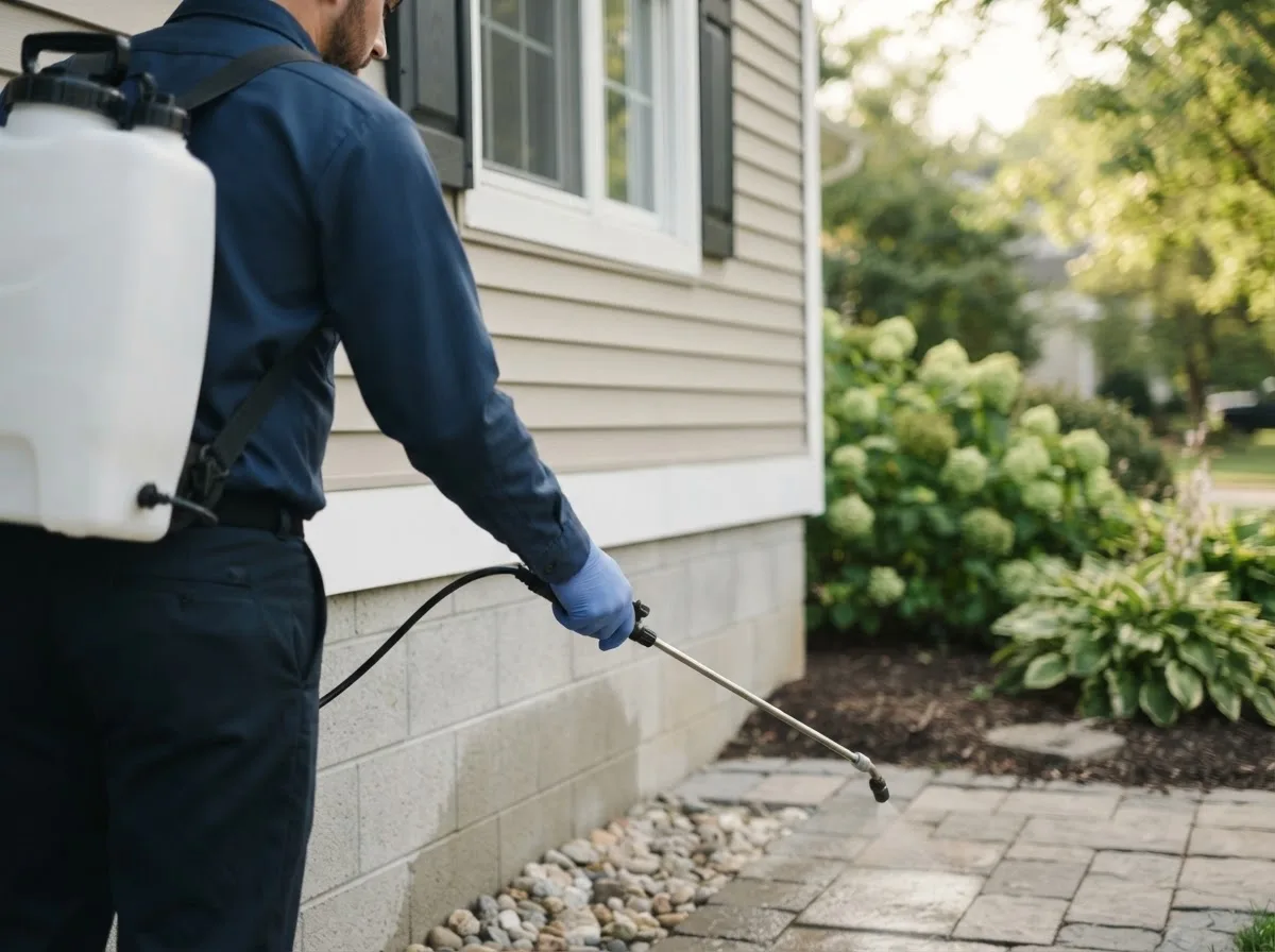 Pest control technician inspecting a home in Mccallsburg, IA